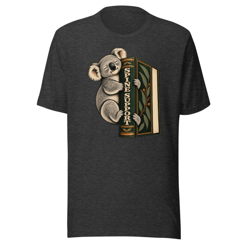 Spine Support Koala funny book lover shirt in Dark Grey Heather
