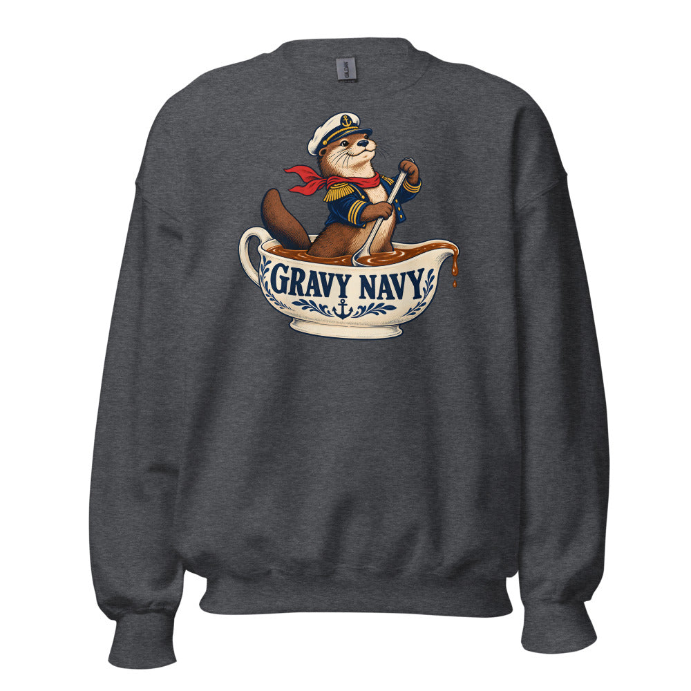 Gravy Navy Otter funny Thanksgiving sweatshirt in Dark Grey Heather