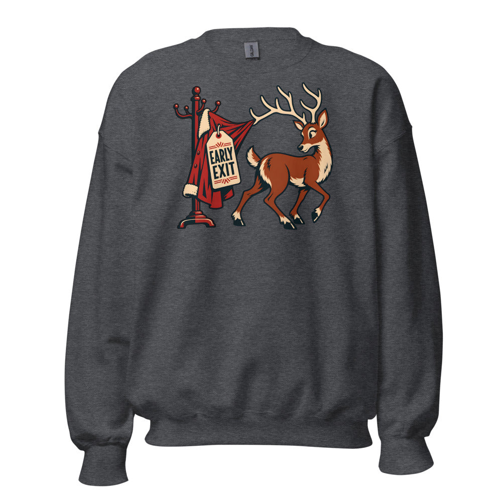 Holiday Party Exit Reindeer funny New Year's sweatshirt in Dark Grey Heather