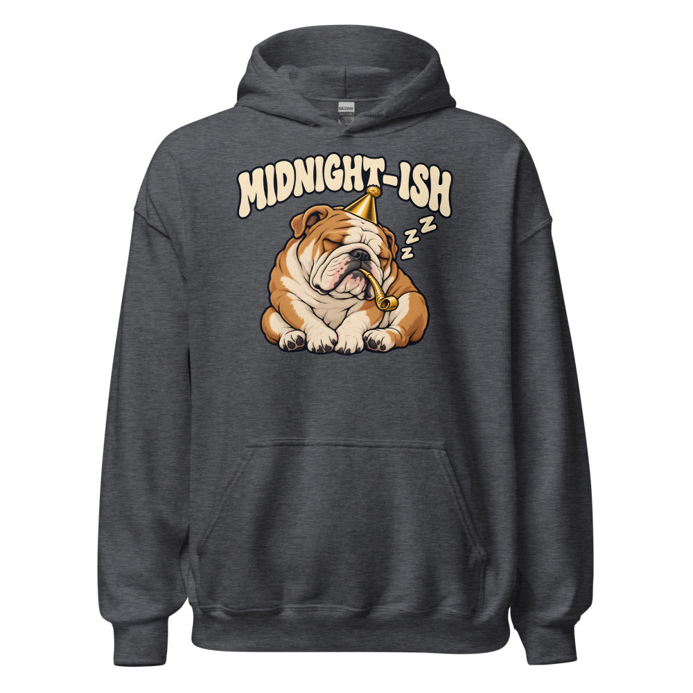 Midnight-ish Bulldog funny New Year's hoodie in Dark Grey Heather
