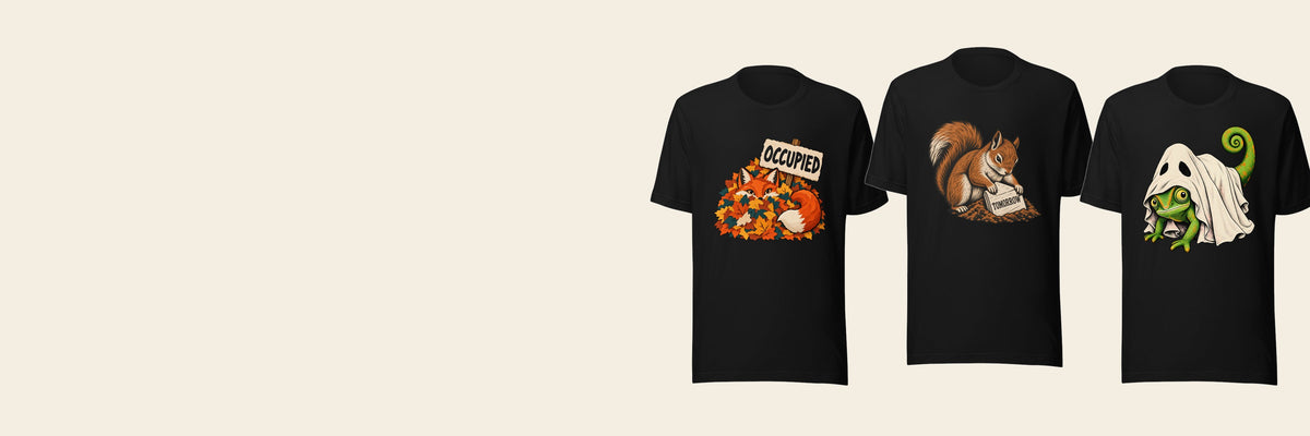 Three TeeBreezy funny animal t-shirts: a fox in a leaf pile, a squirrel burying a TOMORROW list, and a chameleon in a ghost costume