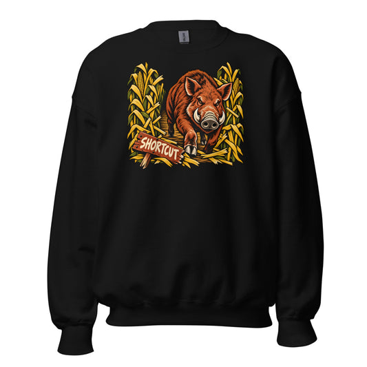 Corn Maze Shortcut Boar funny fall sweatshirt in Black