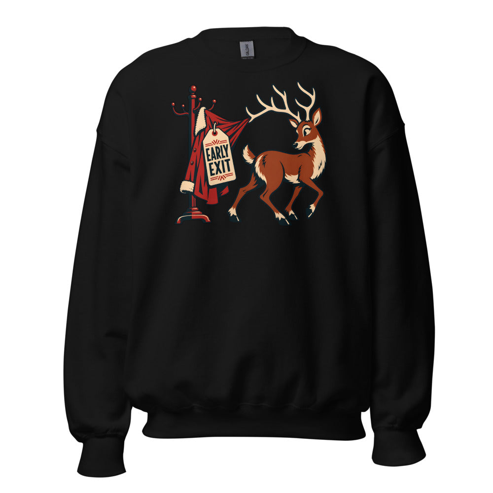 Holiday Party Exit Reindeer funny New Year's sweatshirt in Black