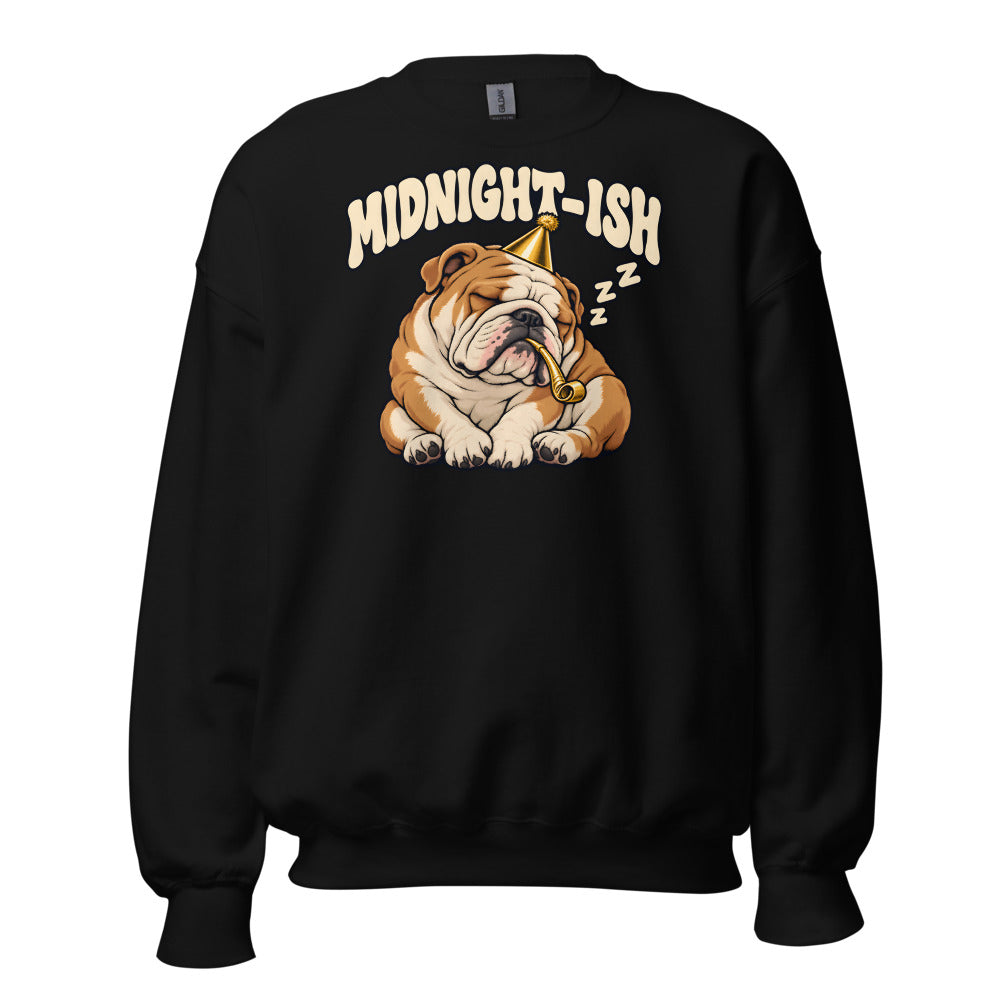 Midnight-ish Bulldog funny New Year's sweatshirt in Black