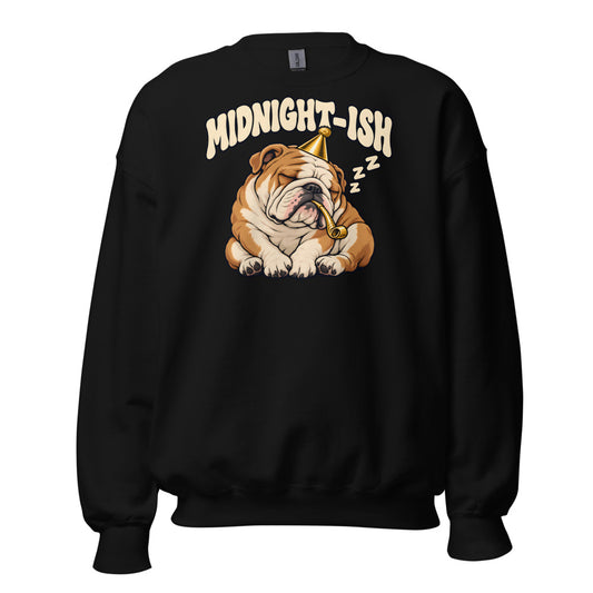 Midnight-ish Bulldog funny New Year's sweatshirt in Black