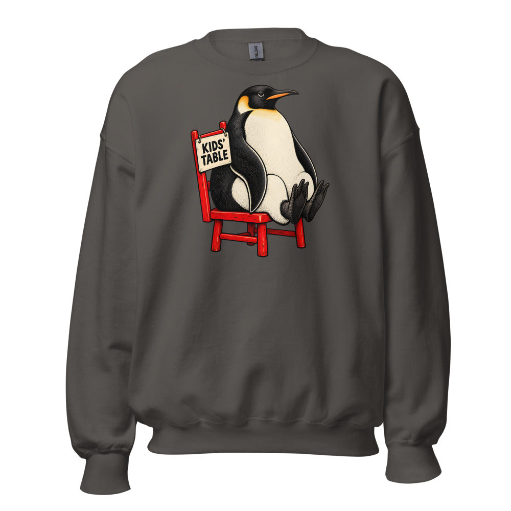 Kids' Table Veteran Penguin funny Thanksgiving sweatshirt in Asphalt