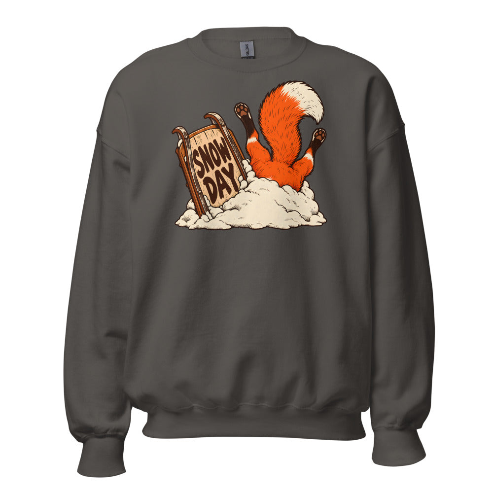 Snow Day Dive Fox funny winter sweatshirt in Asphalt