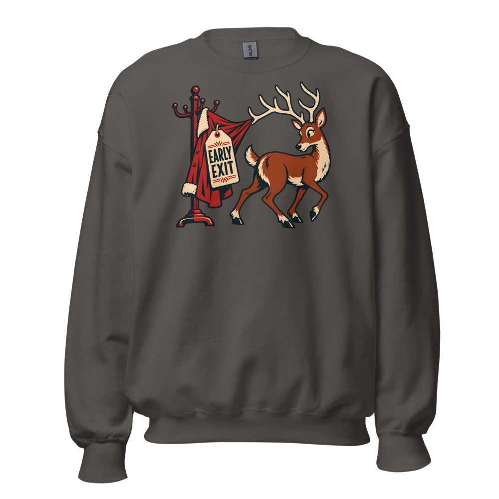 Holiday Party Exit Reindeer funny New Year's sweatshirt in Asphalt