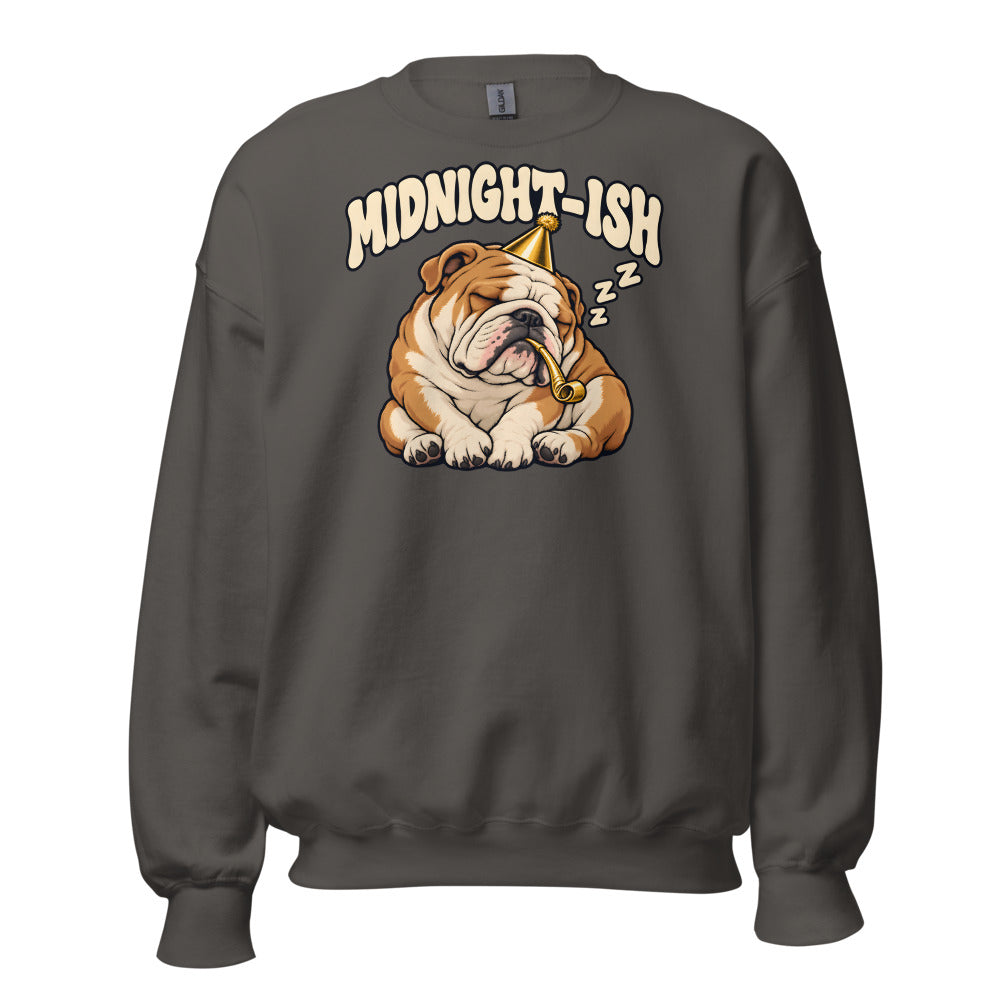 Midnight-ish Bulldog funny New Year's sweatshirt in Asphalt
