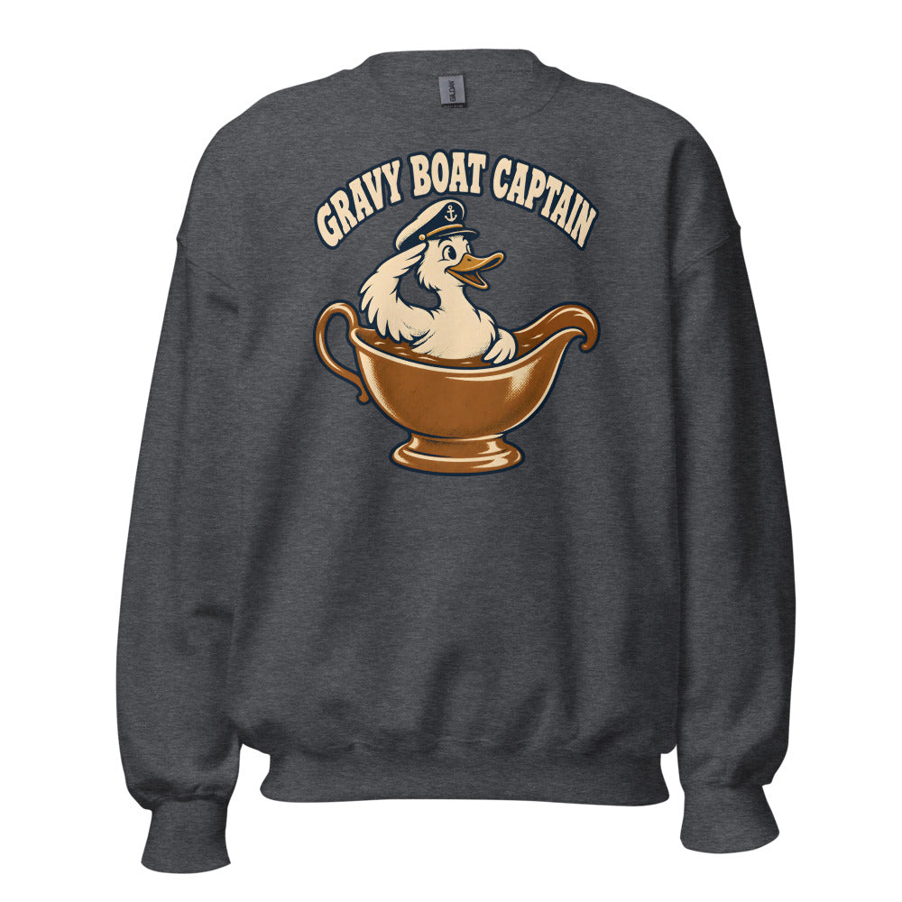 Gravy Boat Captain Duck funny Thanksgiving sweatshirt in Dark Grey Heather