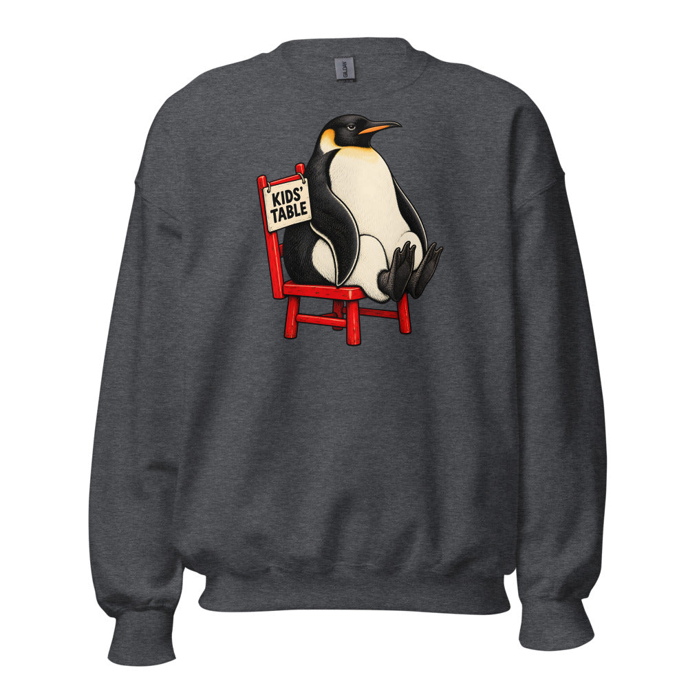Kids' Table Veteran Penguin funny Thanksgiving sweatshirt in Dark Grey Heather