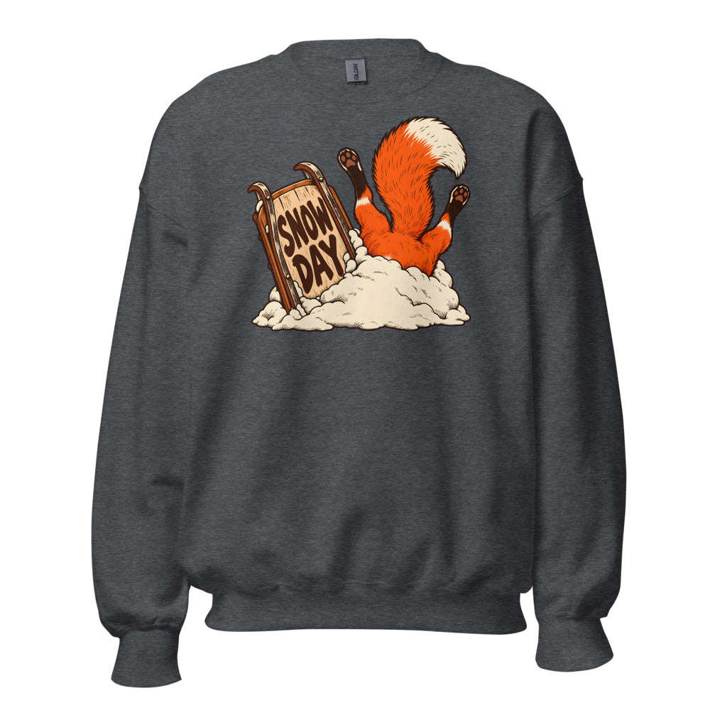 Snow Day Dive Fox funny winter sweatshirt in Dark Grey Heather