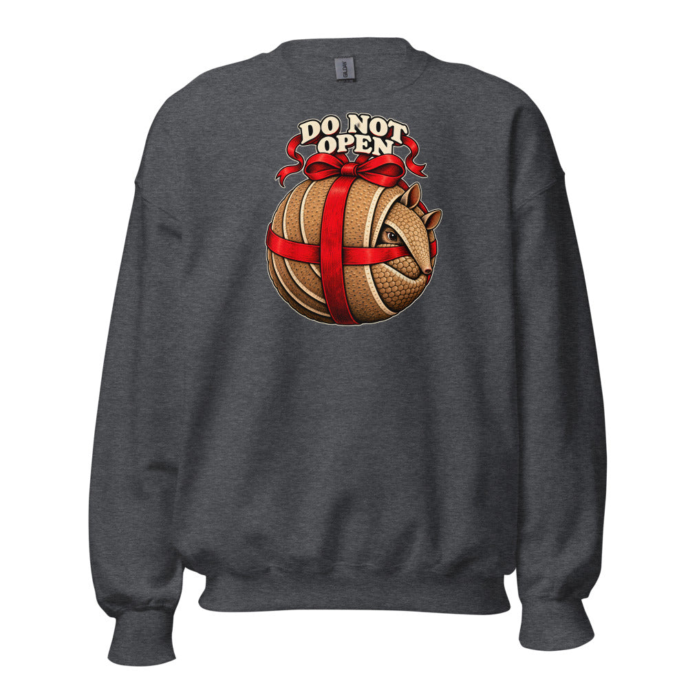 Do Not Open Armadillo funny Christmas sweatshirt in Dark Grey Heather