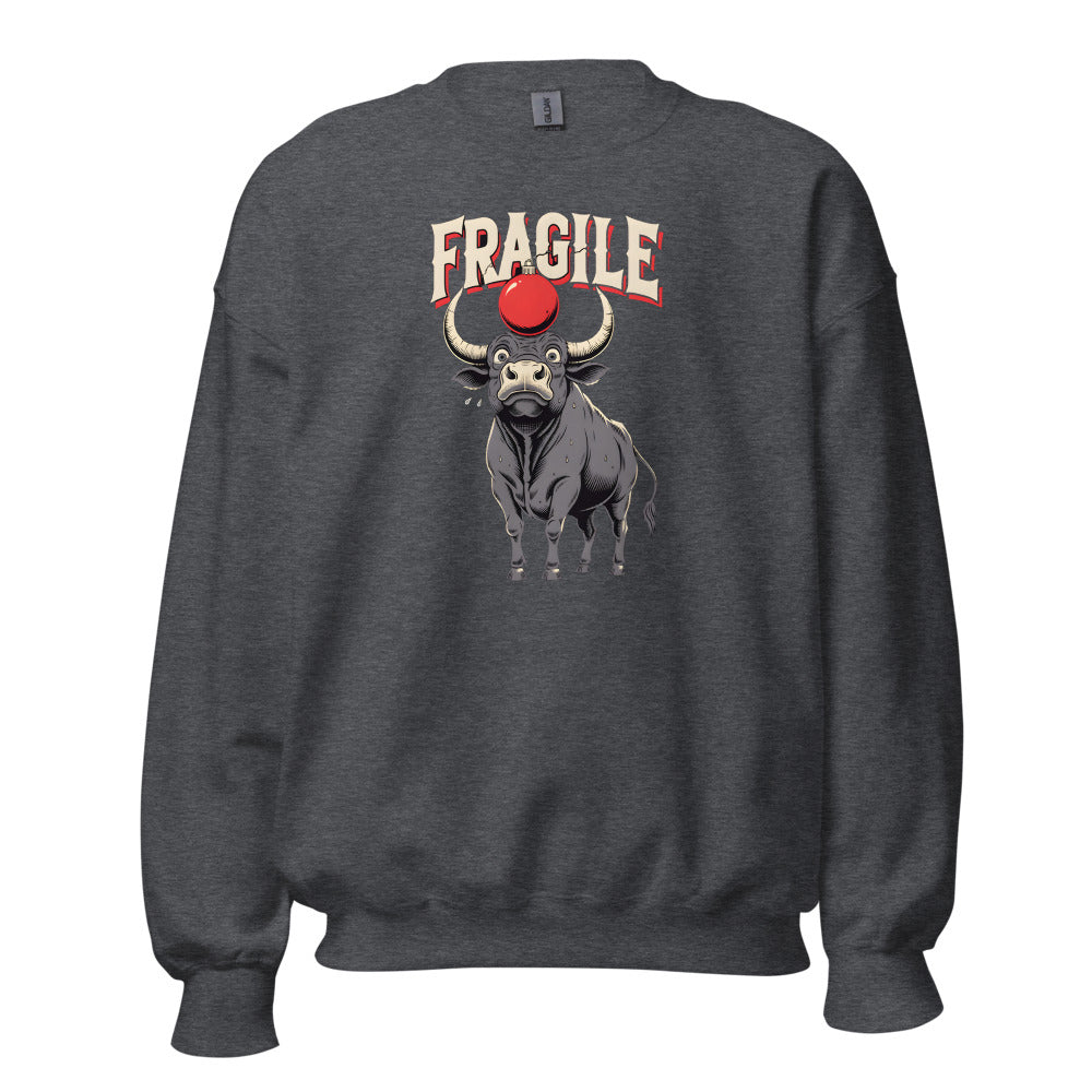 Fragile Ornament Bull funny Christmas sweatshirt in Dark Grey Heather