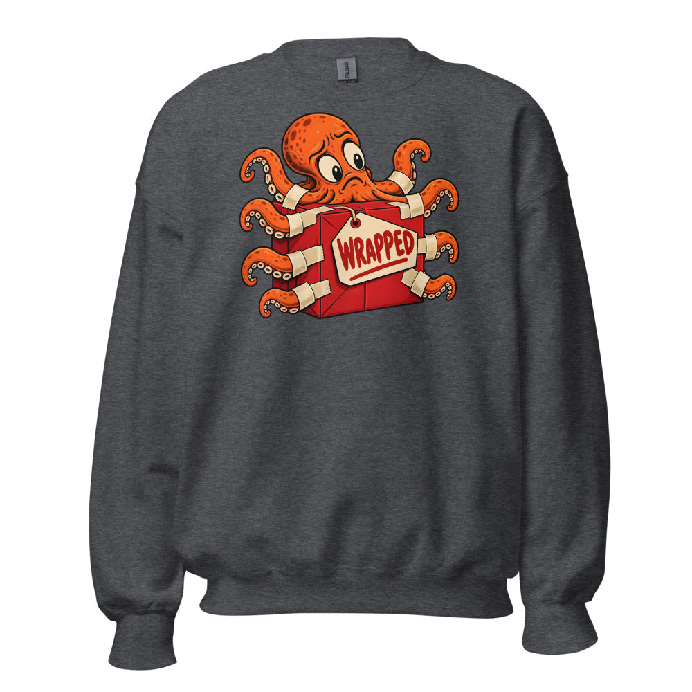 Wrap Trap Octopus funny Christmas sweatshirt in Dark Grey Heather