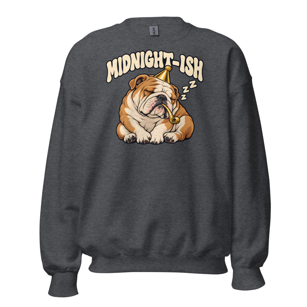 Midnight-ish Bulldog funny New Year's sweatshirt in Dark Grey Heather