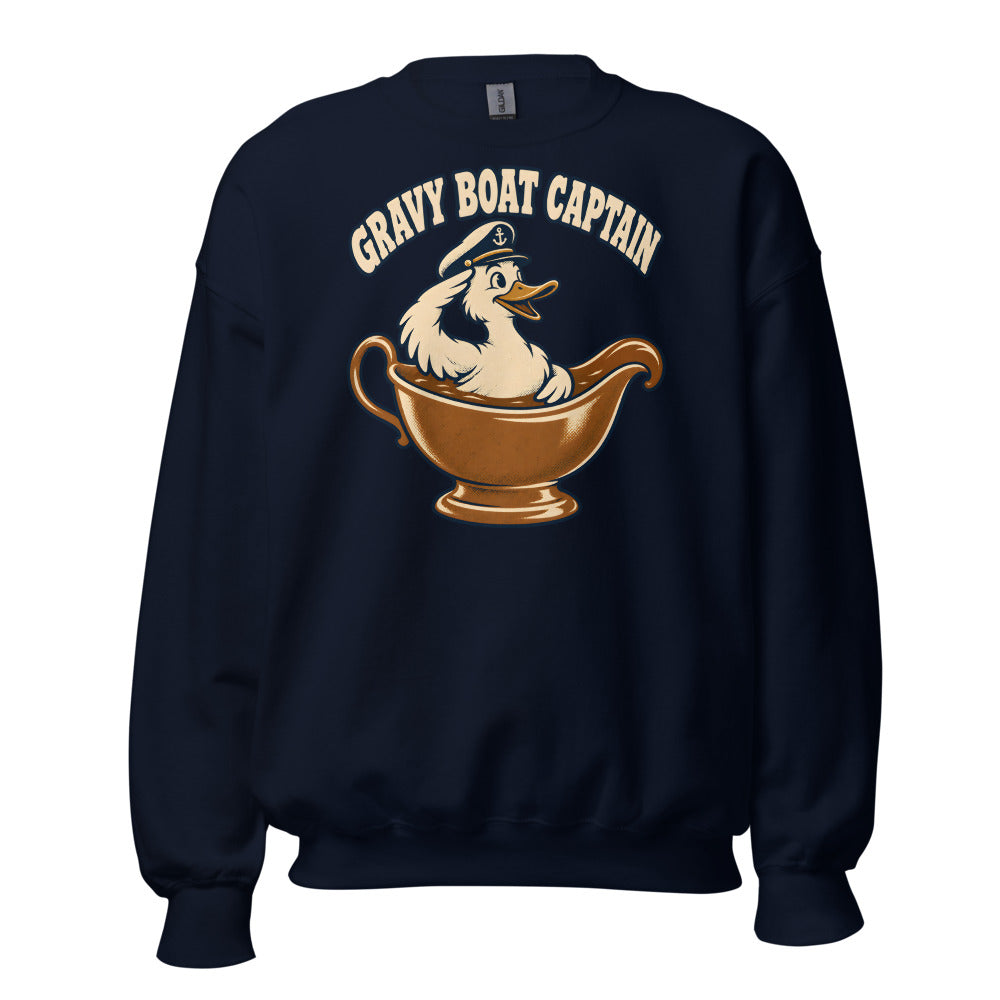 Gravy Boat Captain Duck funny Thanksgiving sweatshirt in Navy
