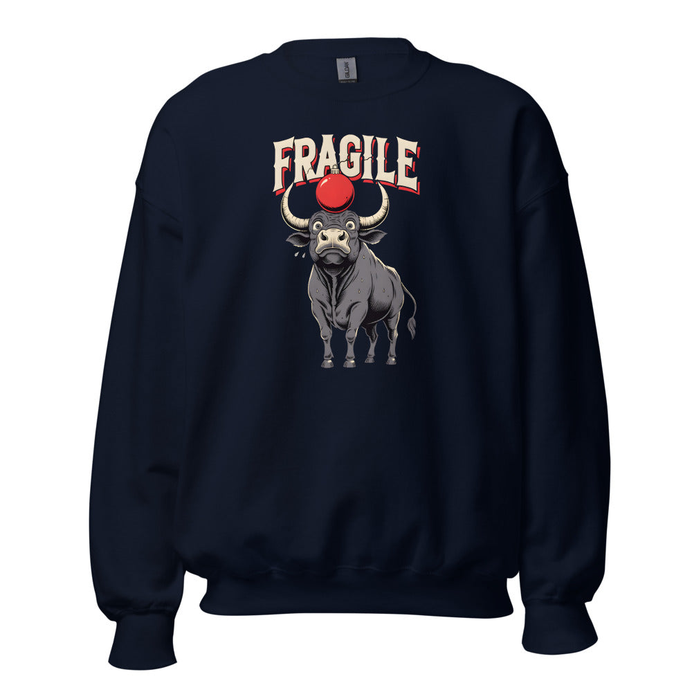 Fragile Ornament Bull funny Christmas sweatshirt in Navy