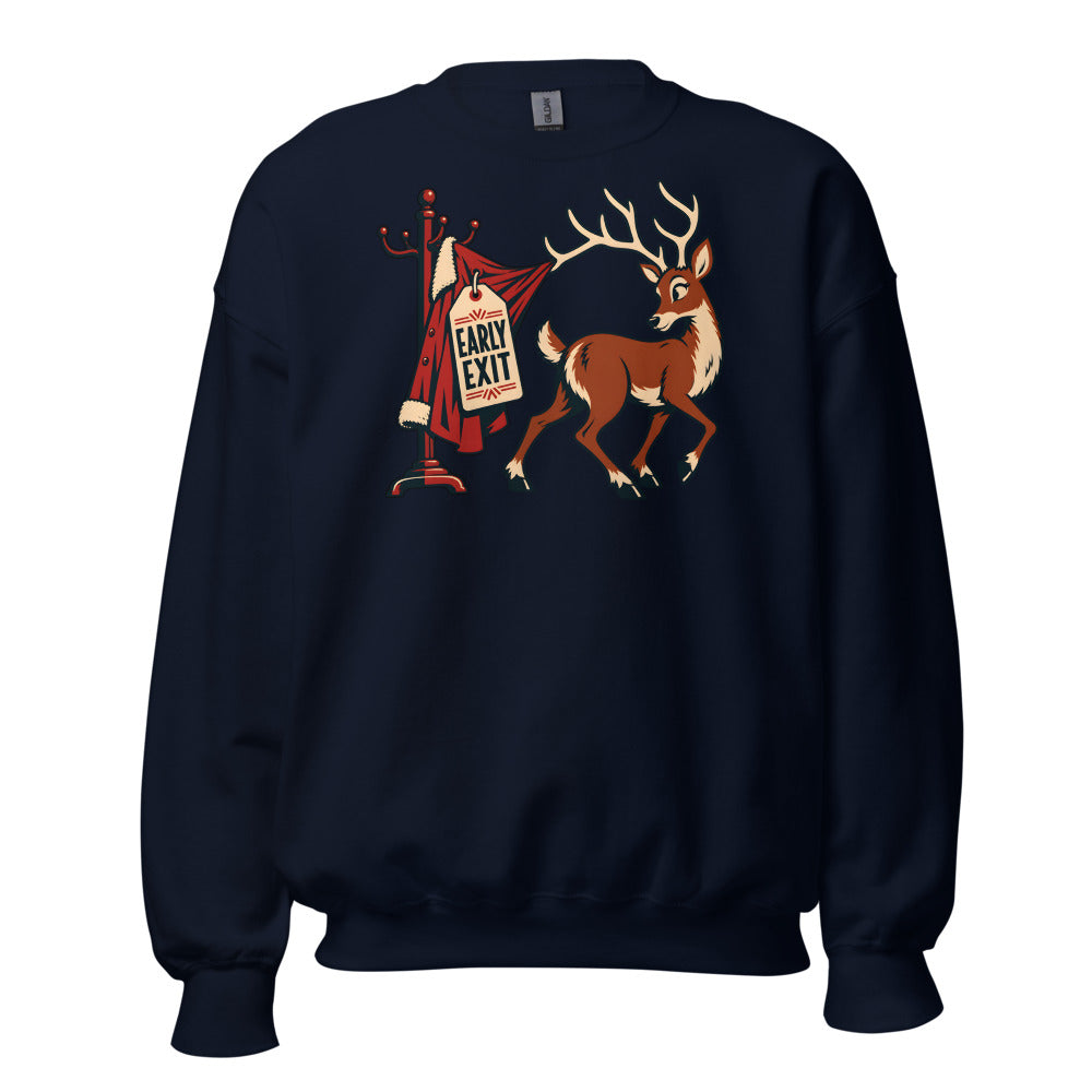 Holiday Party Exit Reindeer funny New Year's sweatshirt in Navy