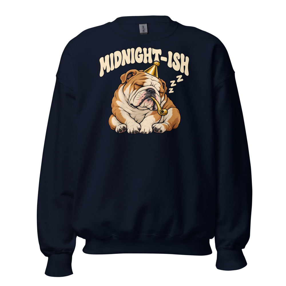 Midnight-ish Bulldog funny New Year's sweatshirt in Navy