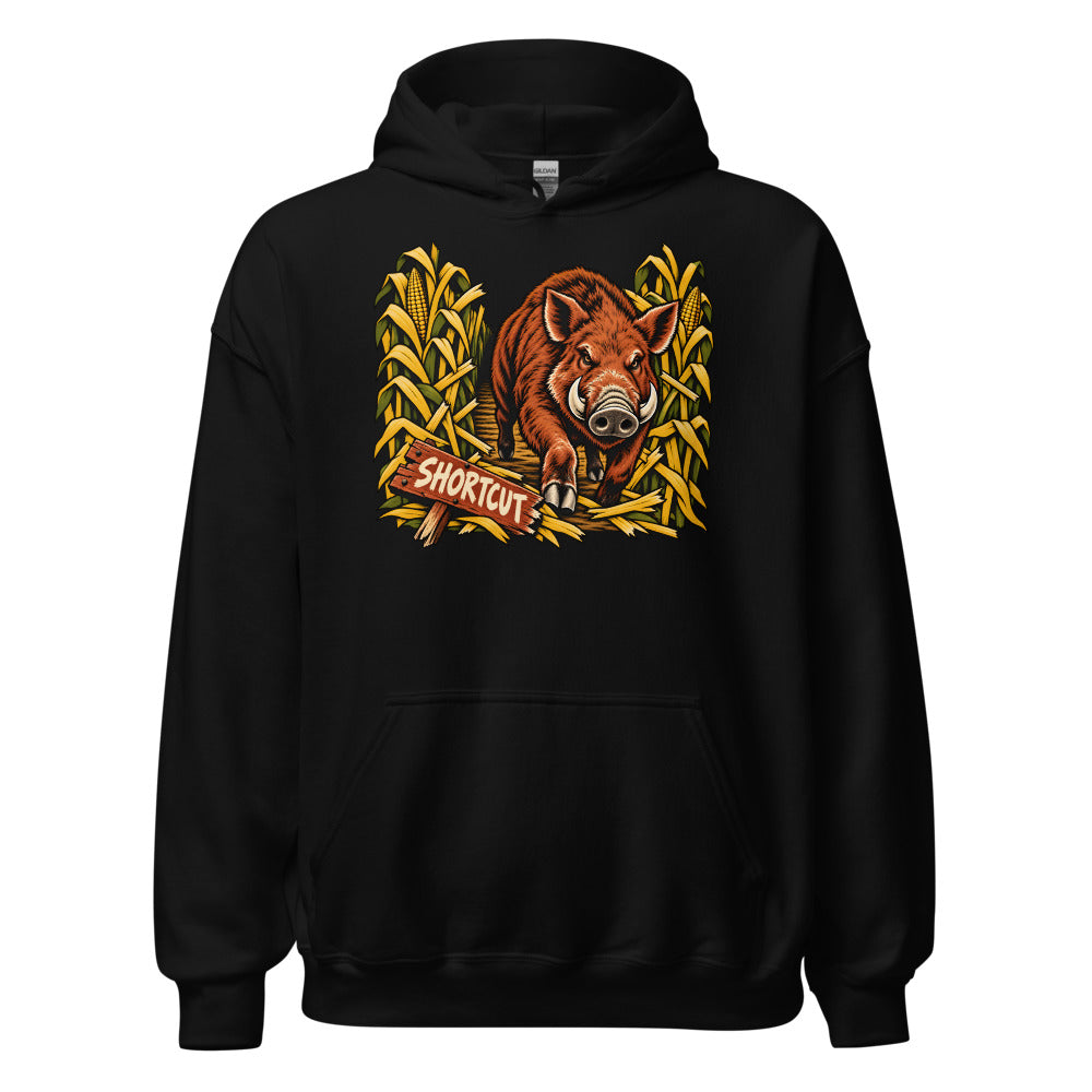 Corn Maze Shortcut Boar funny fall hoodie in Black