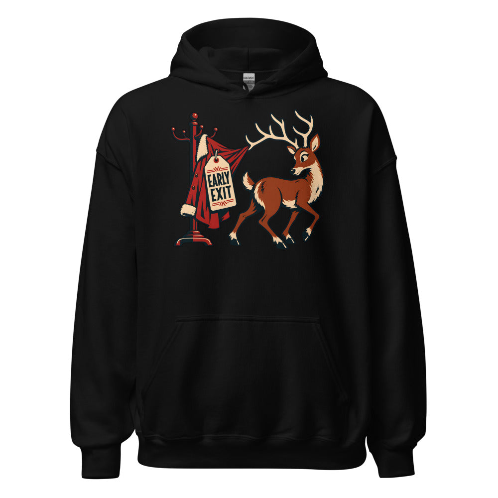 Holiday Party Exit Reindeer funny New Year's hoodie in Black
