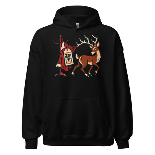 Holiday Party Exit Reindeer funny New Year's hoodie in Black