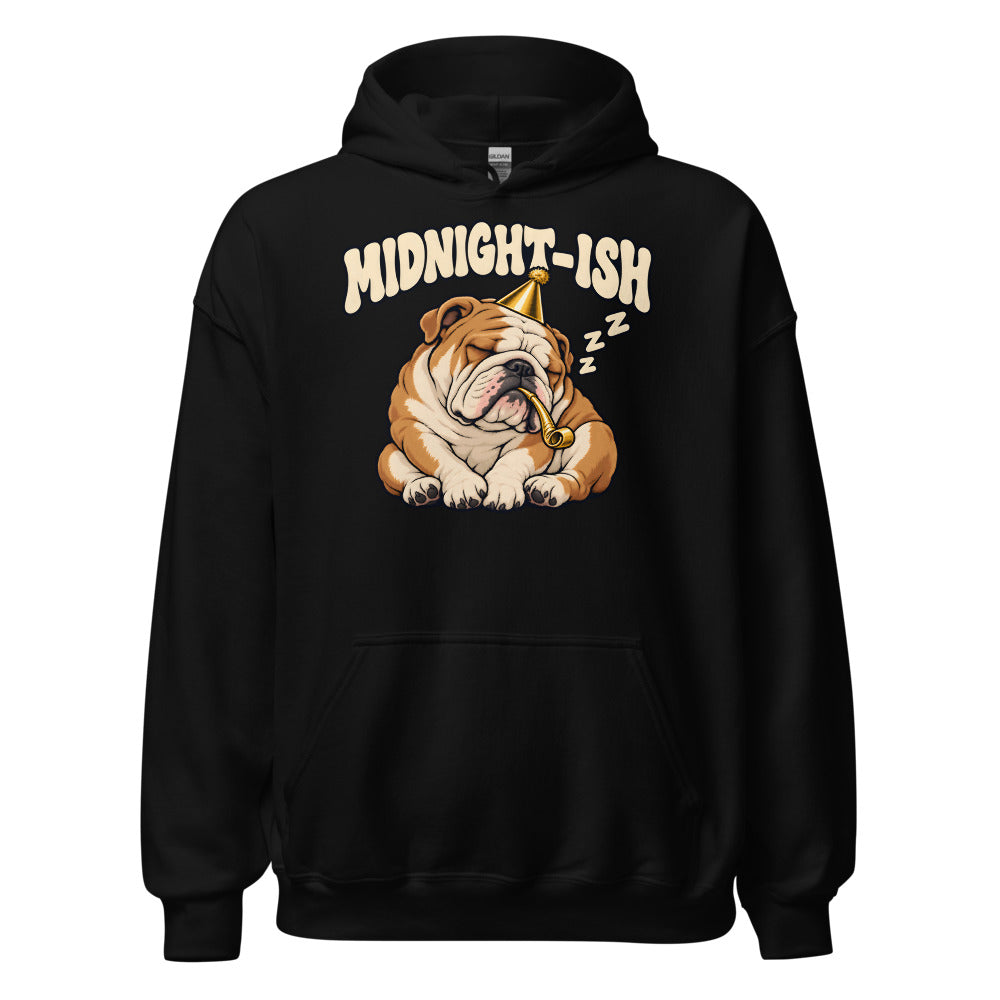 Midnight-ish Bulldog funny New Year's hoodie in Black