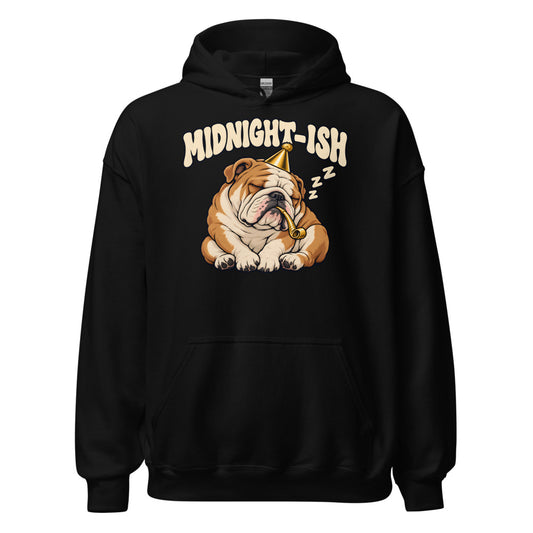 Midnight-ish Bulldog funny New Year's hoodie in Black