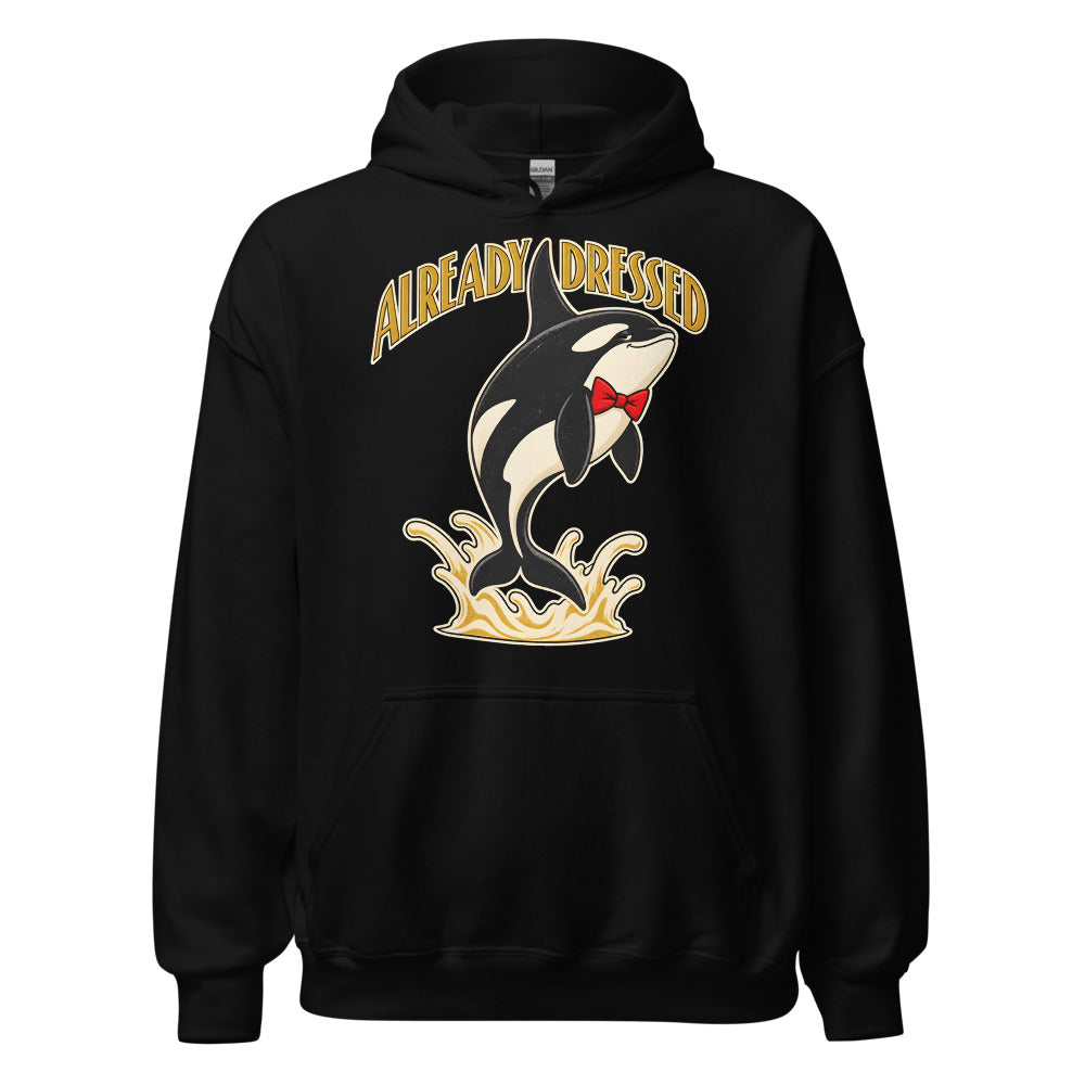 Already Dressed Orca funny New Year's hoodie in Black