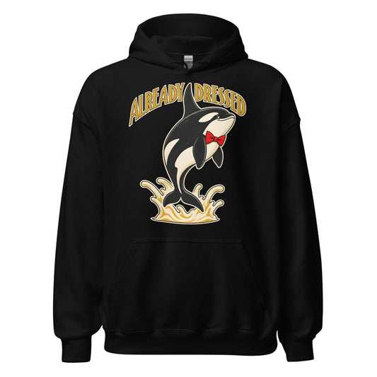 Already Dressed Orca funny New Year's hoodie in Black
