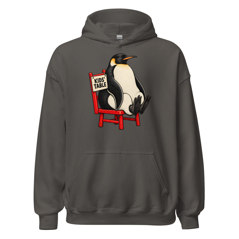 Kids' Table Veteran Penguin funny Thanksgiving hoodie in Asphalt