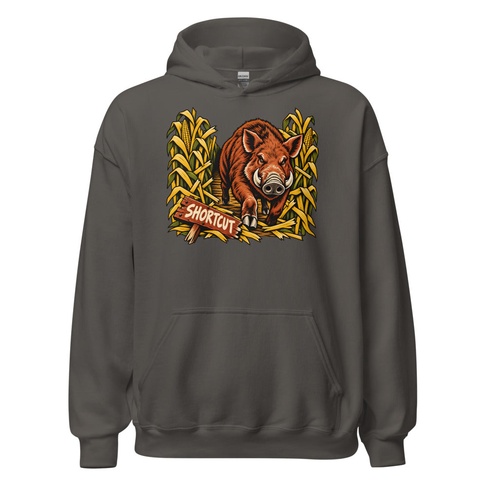 Corn Maze Shortcut Boar funny fall hoodie in Asphalt
