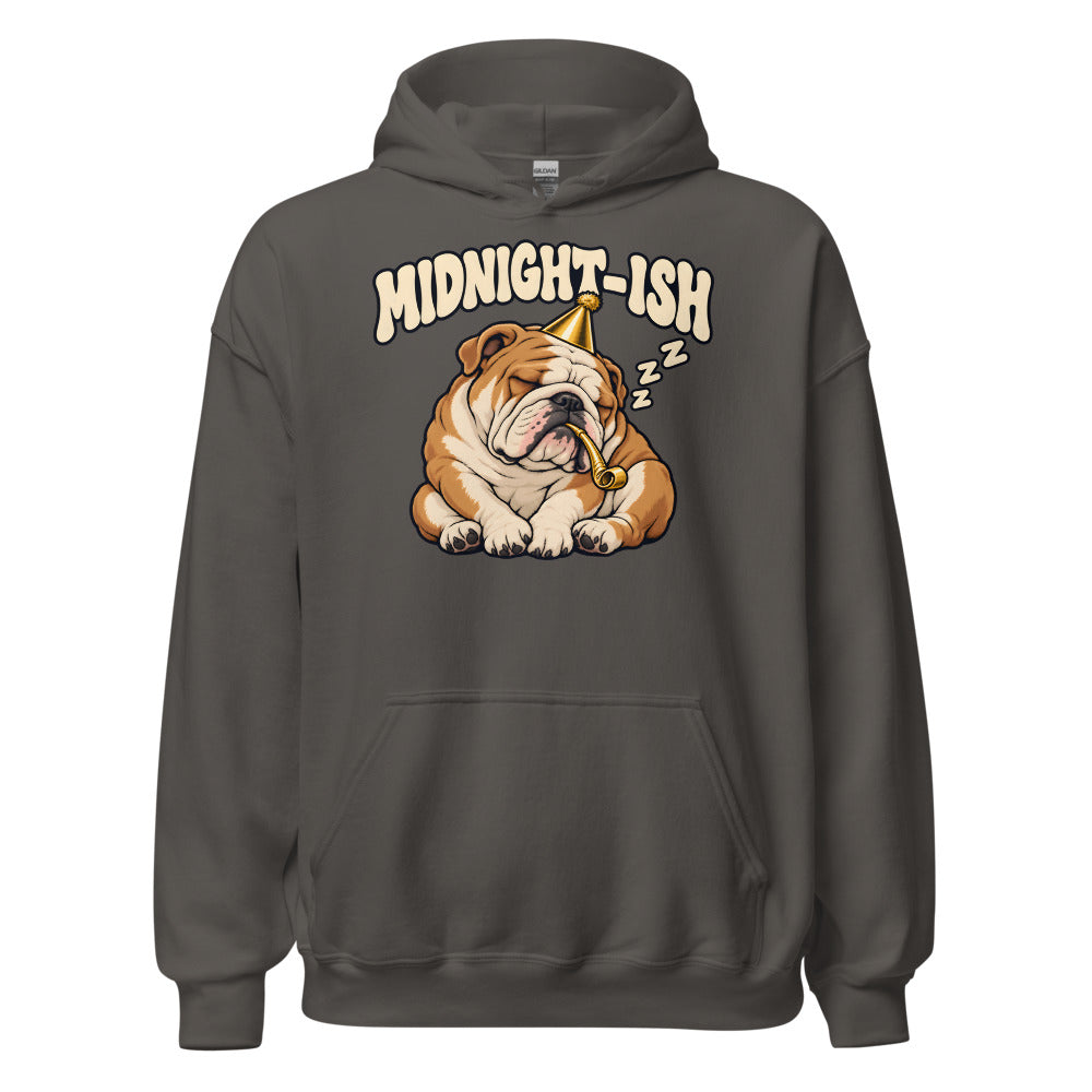 Midnight-ish Bulldog funny New Year's hoodie in Asphalt