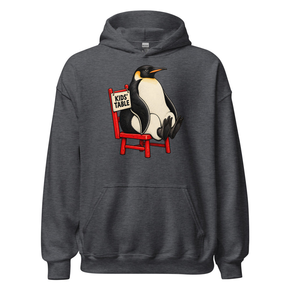 Kids' Table Veteran Penguin funny Thanksgiving hoodie in Dark Grey Heather