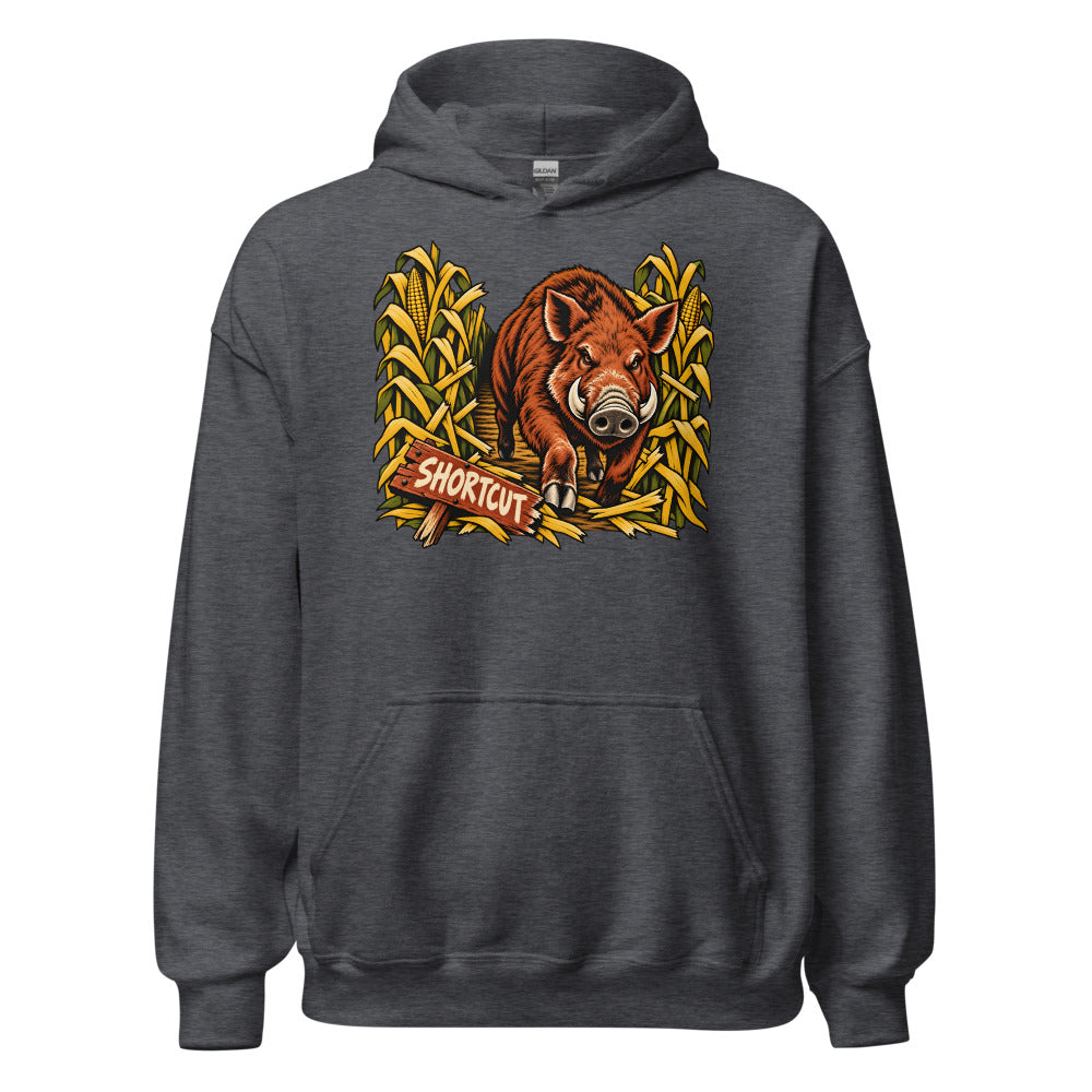Corn Maze Shortcut Boar funny fall hoodie in Dark Grey Heather