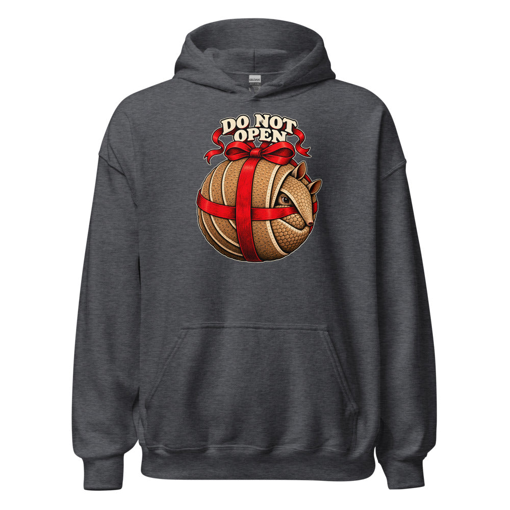 Do Not Open Armadillo funny Christmas hoodie in Dark Grey Heather