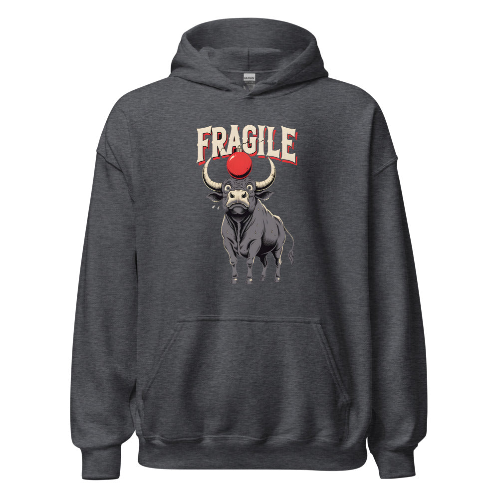 Fragile Ornament Bull funny Christmas hoodie in Dark Grey Heather