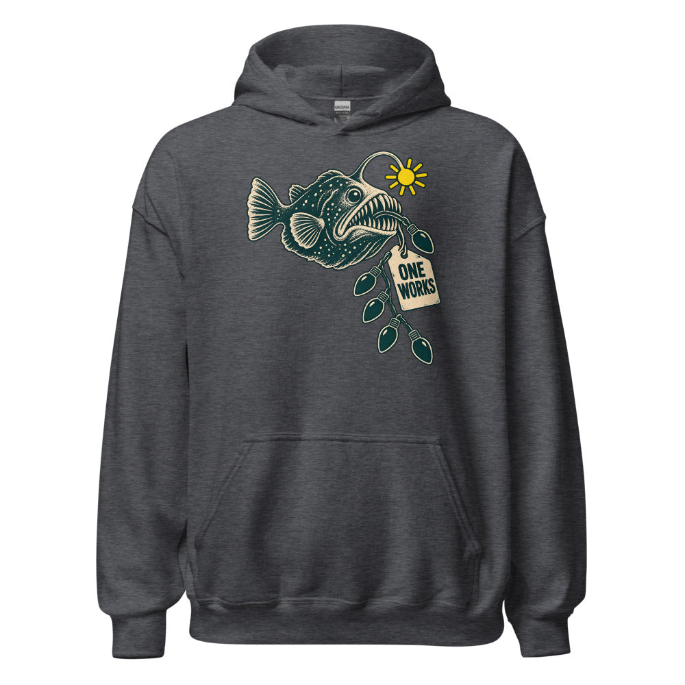One Works Anglerfish funny Christmas hoodie in Dark Grey Heather