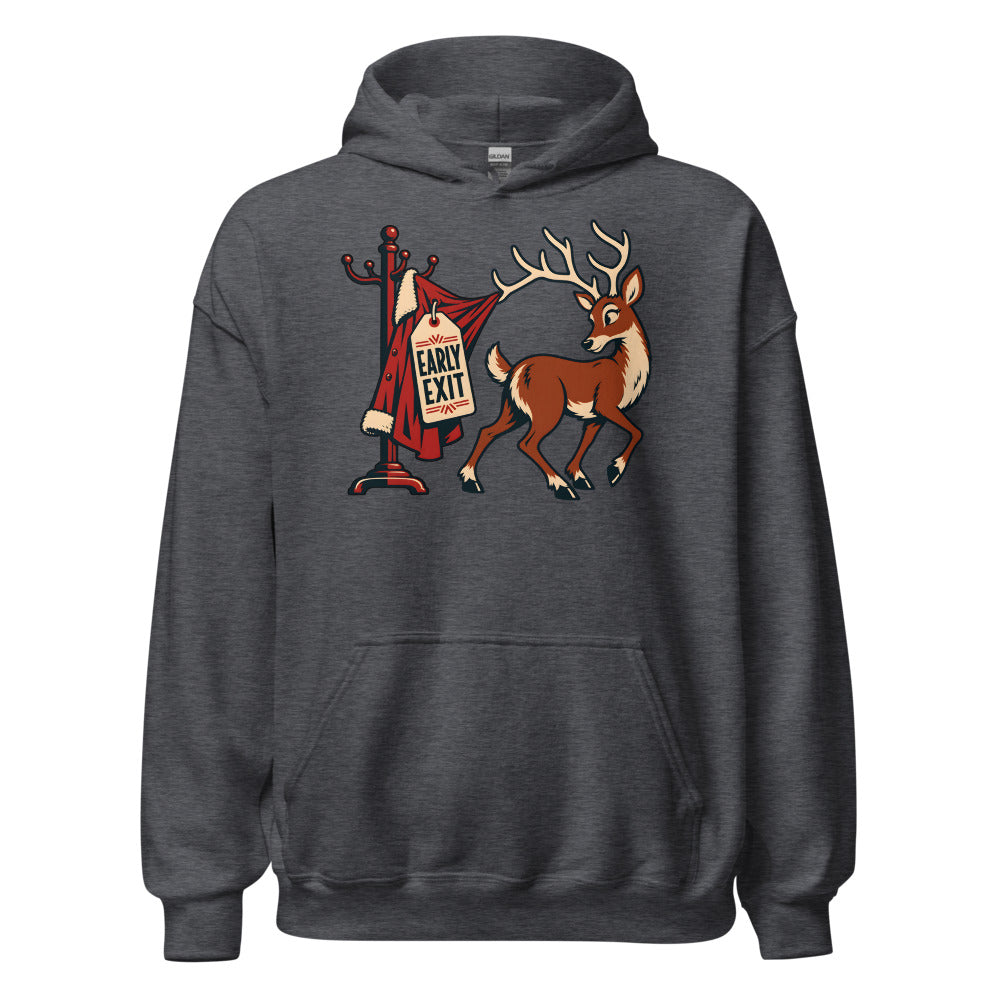 Holiday Party Exit Reindeer funny New Year's hoodie in Dark Grey Heather