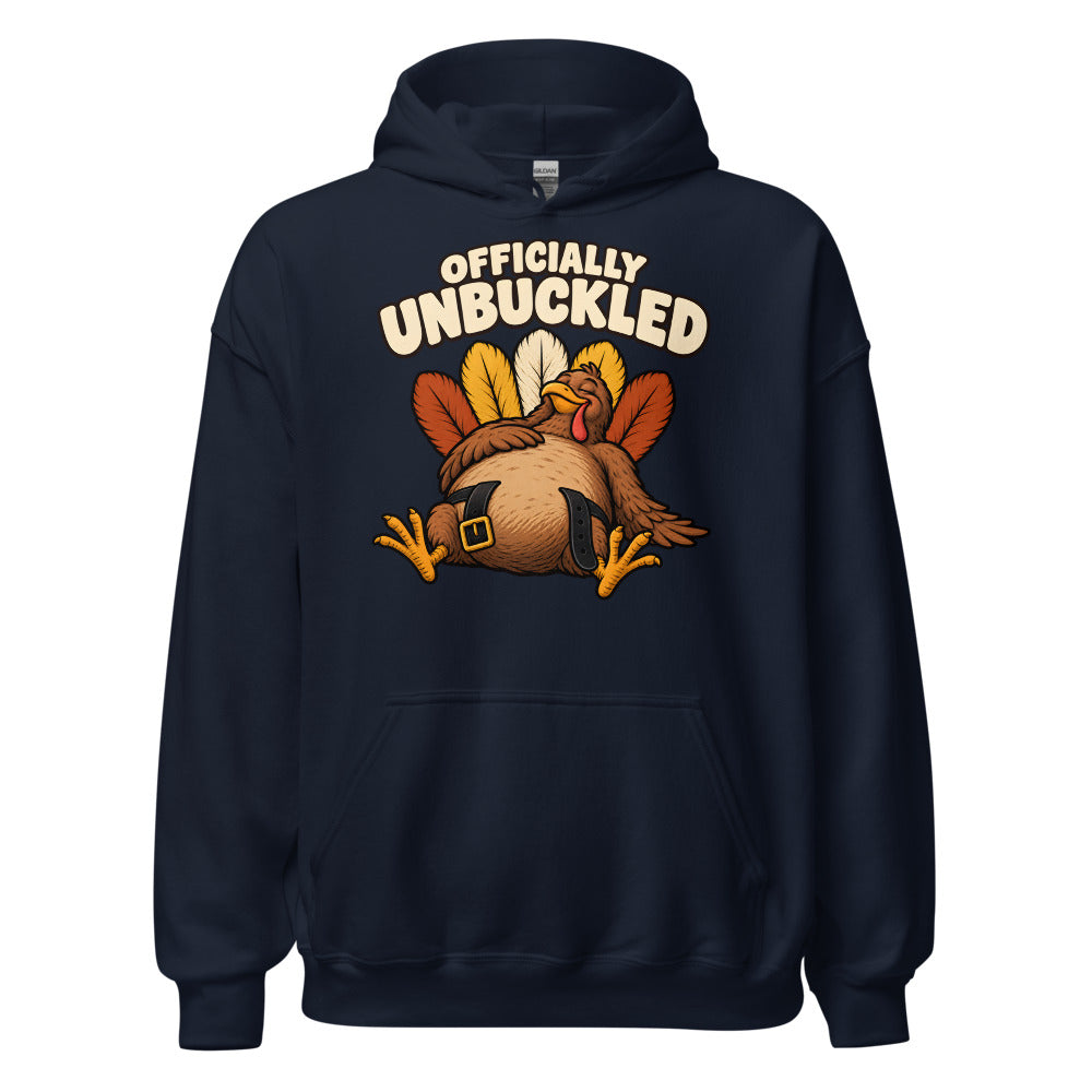 Officially Unbuckled Turkey funny Thanksgiving hoodie in Navy