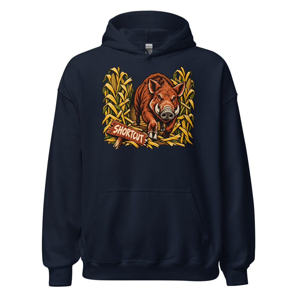 Corn Maze Shortcut Boar funny fall hoodie in Navy