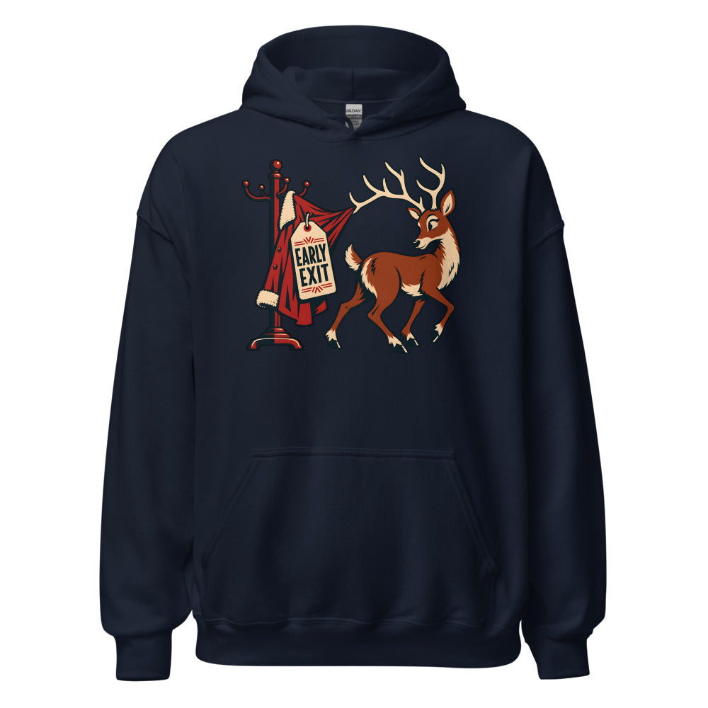 Holiday Party Exit Reindeer funny New Year's hoodie in Navy