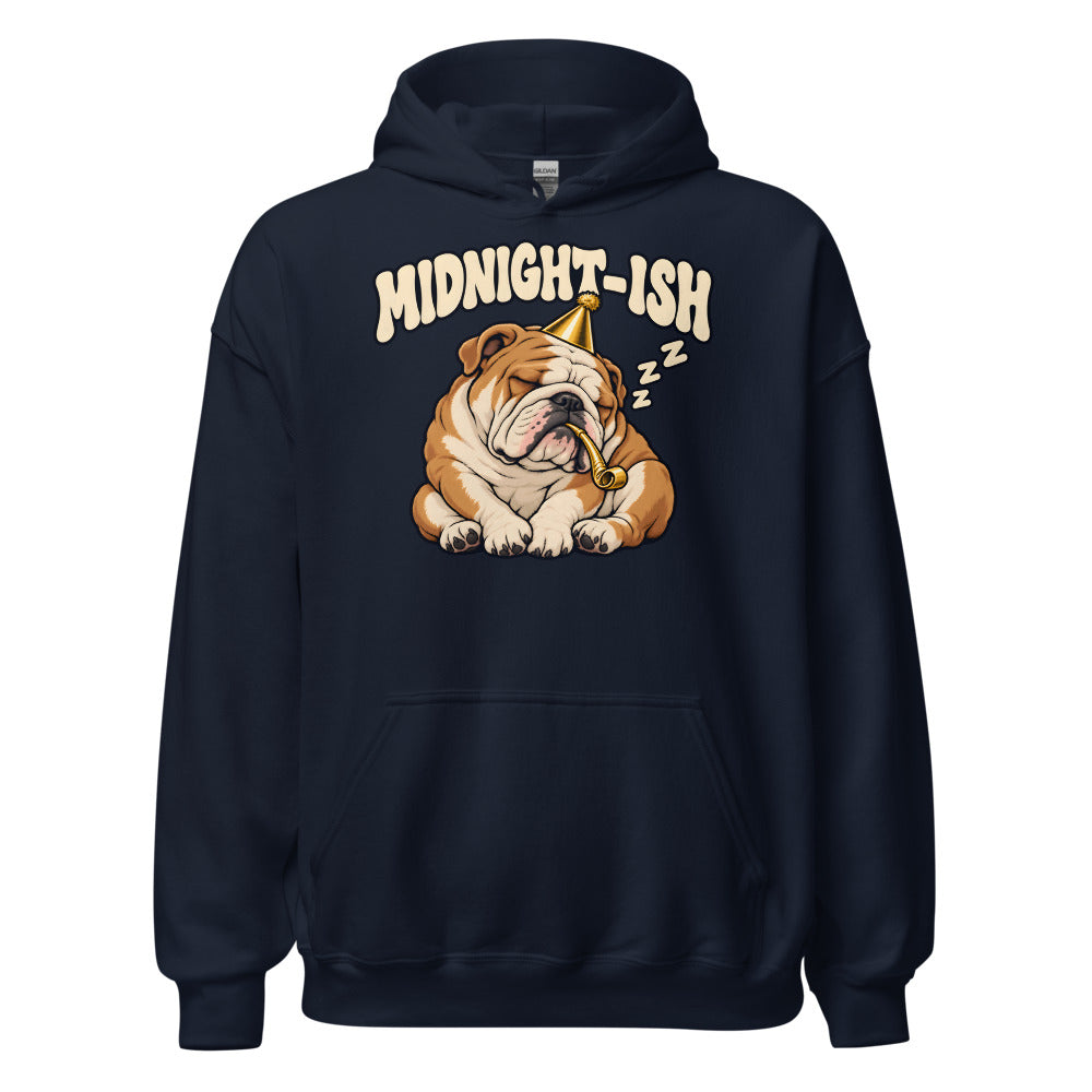 Midnight-ish Bulldog funny New Year's hoodie in Navy