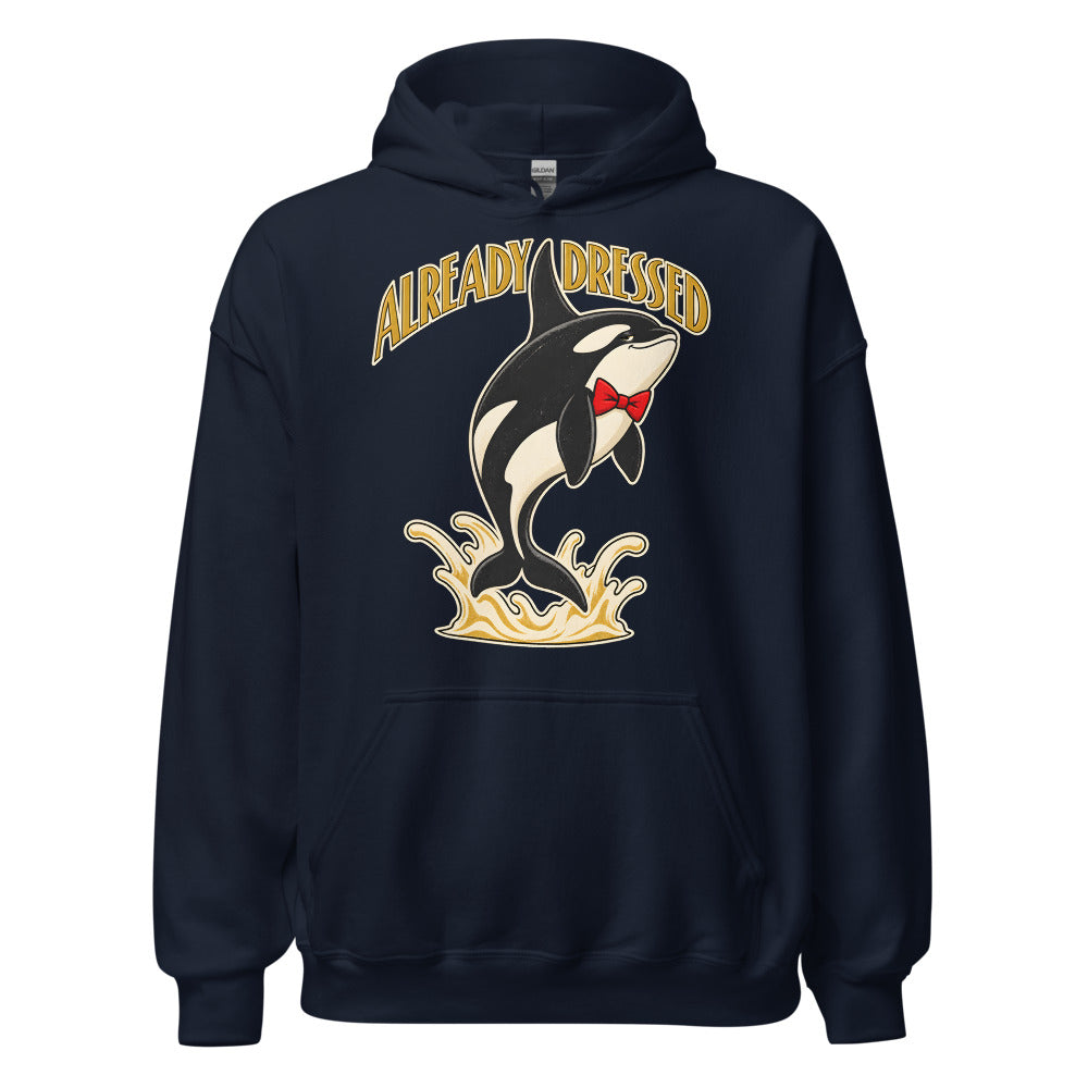 Already Dressed Orca funny New Year's hoodie in Navy