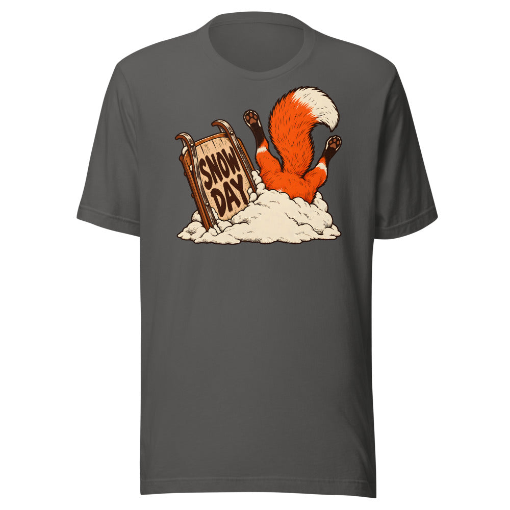 Snow Day Dive Fox funny winter t-shirt in Asphalt