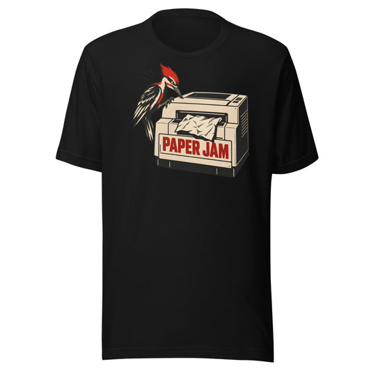 Paper Jam Patrol Woodpecker Shirt in Black - front view