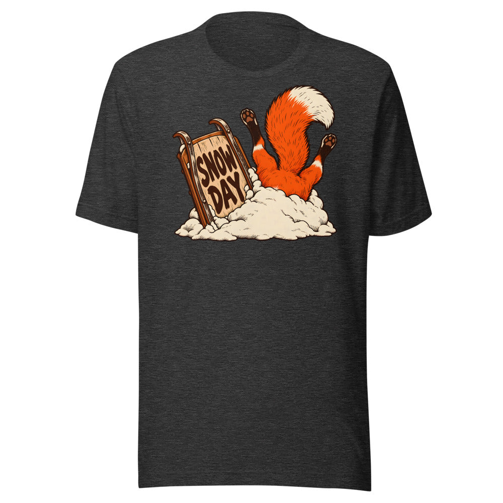 Snow Day Dive Fox funny winter t-shirt in Dark Grey Heather