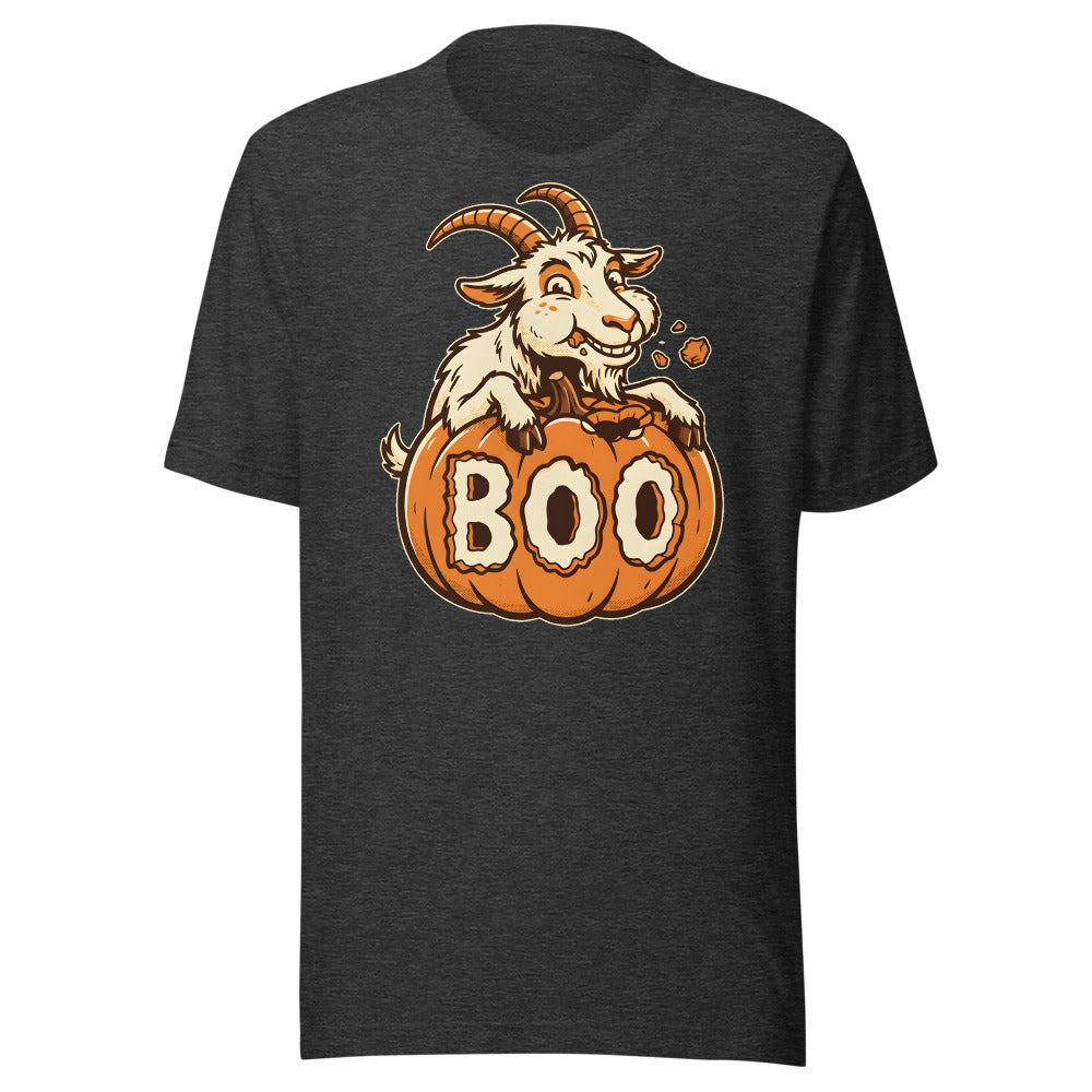 Bite-O'-Lantern Goat funny Halloween t-shirt in Dark Grey Heather