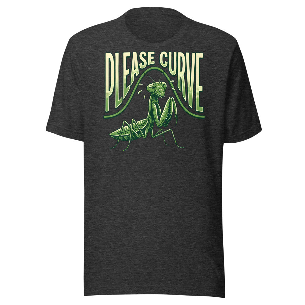 Please Curve Praying Mantis funny graphic t-shirt in Dark Grey Heather